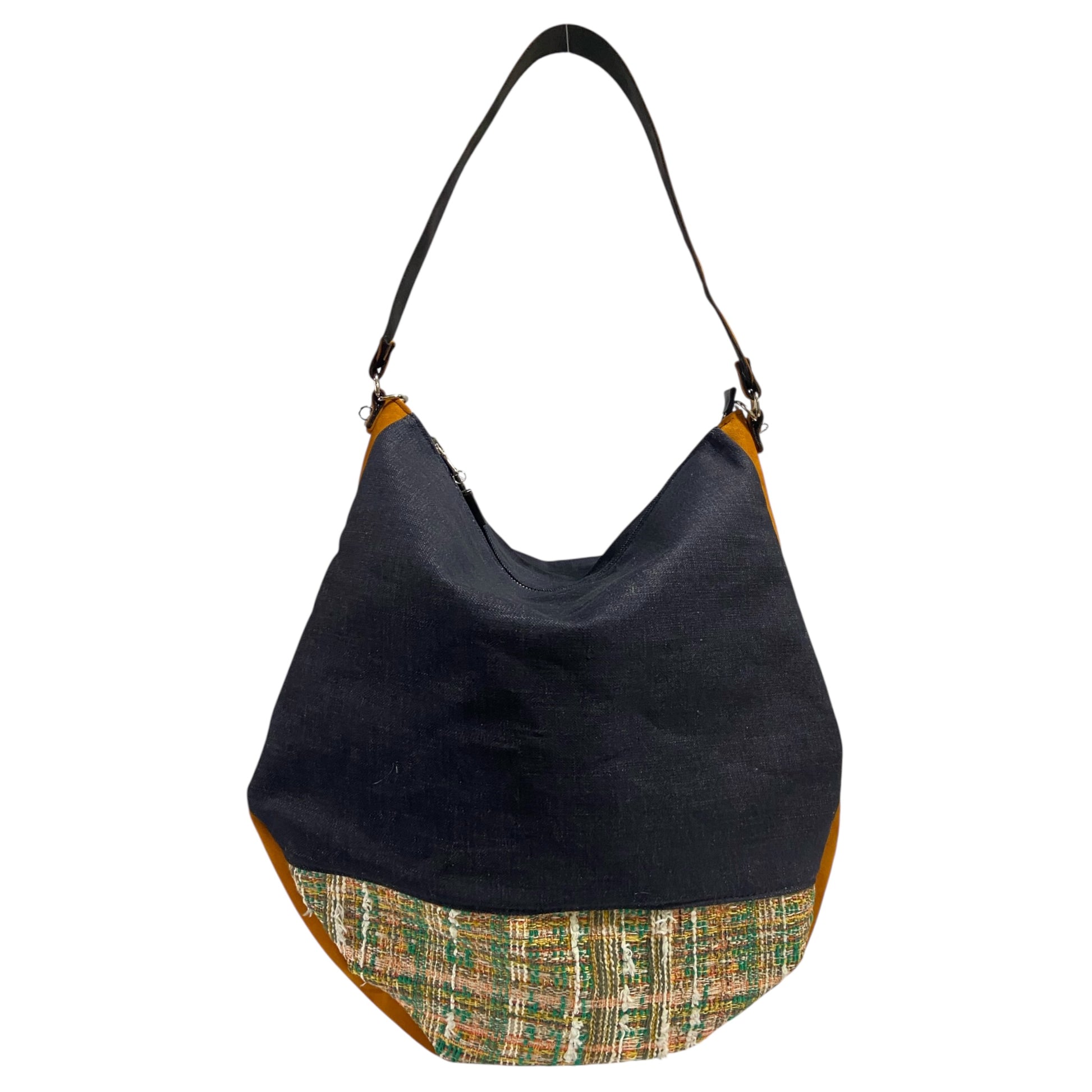 Hobo Maxi TOOitaly Denim Soleil blu e senape - Borsa grande in tessuto e alcantara, leggera e capiente, Made in Italy.