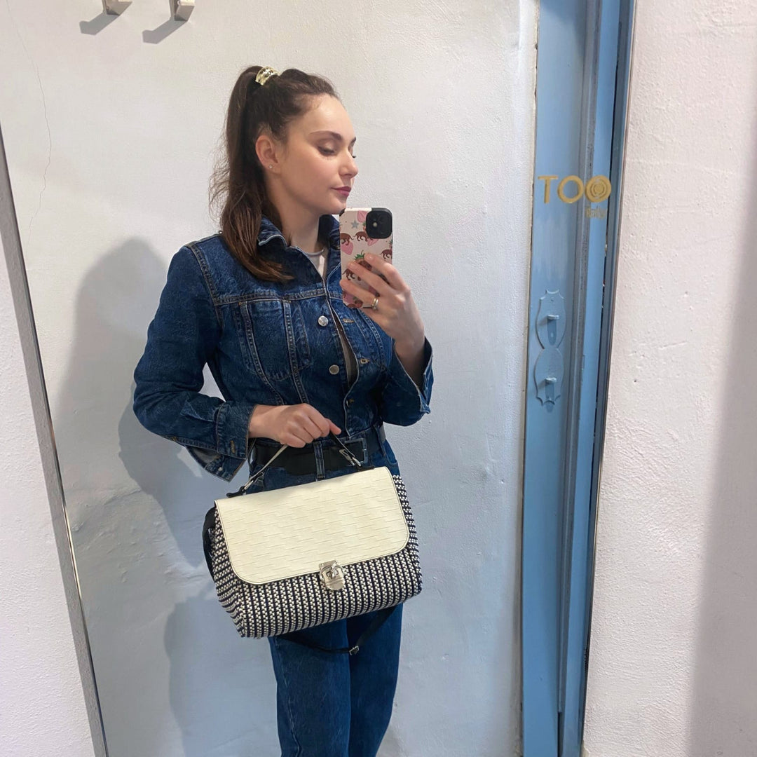 Miura Maxi - Borsa donna a mano e tracolla tessuto chicco blu - Miura Maxi