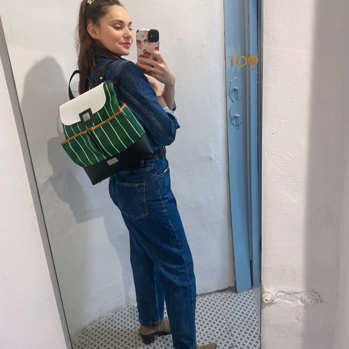 Tre Terzi Tasche - Zaino donna PVC satinato e rafia verde - Tre Terzi Tasche