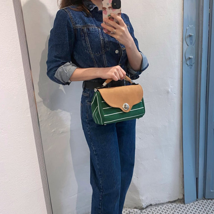 Miura Mini - Borsa donna a mano e tracolla rafia riga verde - Miura Mini
