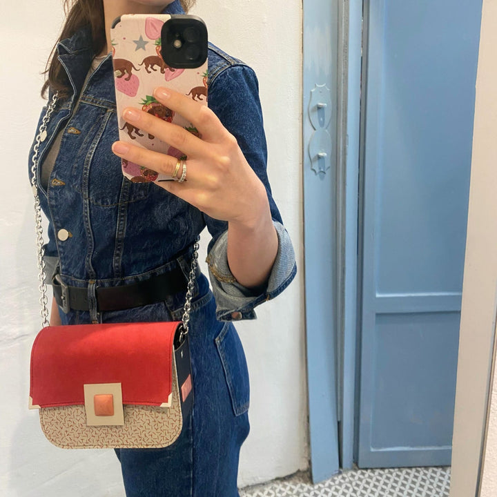 Chicca Maxi Alcantara corallo e stecchetta rossa - Messenger Bag con tracolla - Chicca Maxi