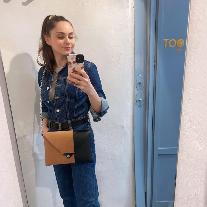 Clutch - Borsa donna a mano e tracolla PVC satinato e alcantara mattone - Clutch Maxi