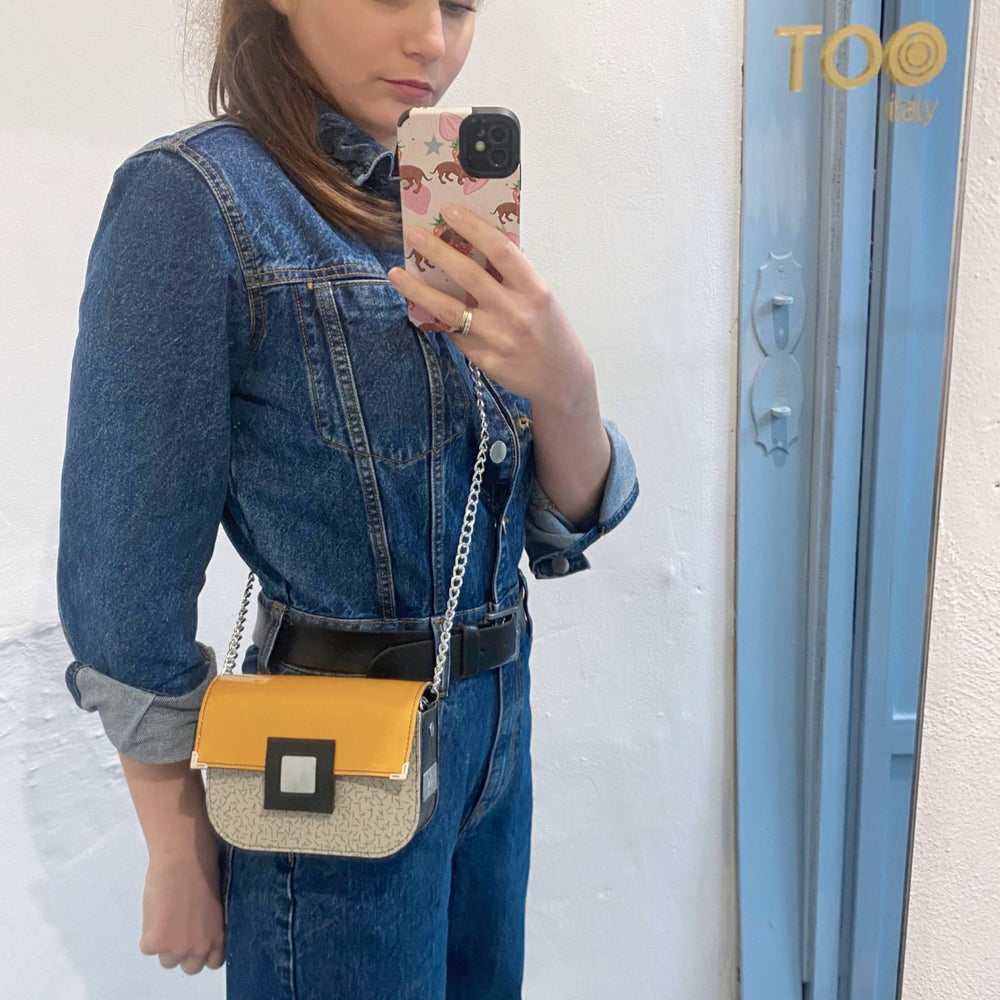 Chicca Mini Alcantara ocra e stecchetta blu - Messenger Bag con tracolla - Chicca Mini