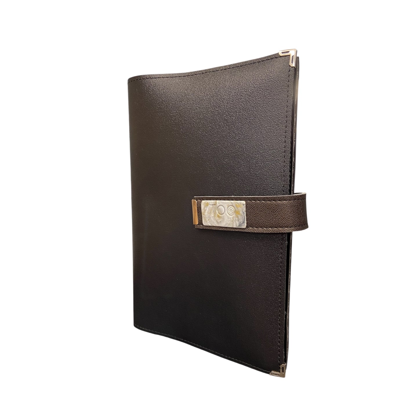 Porta agenda in PVC nero satinato personalizzabile con etichetta in resina marmorizzata