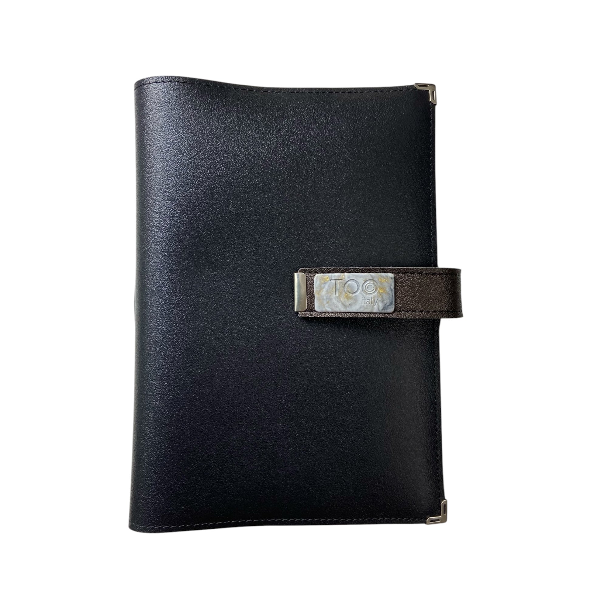 porta agenda personalizzabile in PVC nero con quaderno incluso e iniziali sul retro