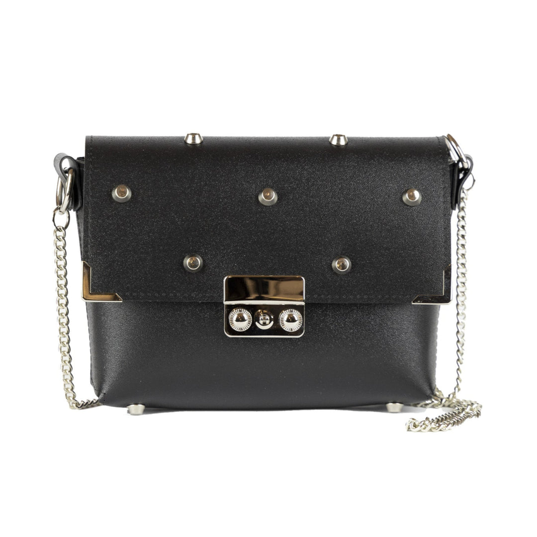 Box borsa rigida a tracolla in PVC satinato cruelty-free vegan nero rock con borchie chiusura a tuc e catena