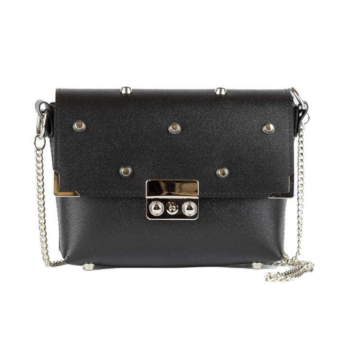 Box borsa rigida a tracolla in PVC satinato cruelty-free vegan nero rock con borchie chiusura a tuc e catena