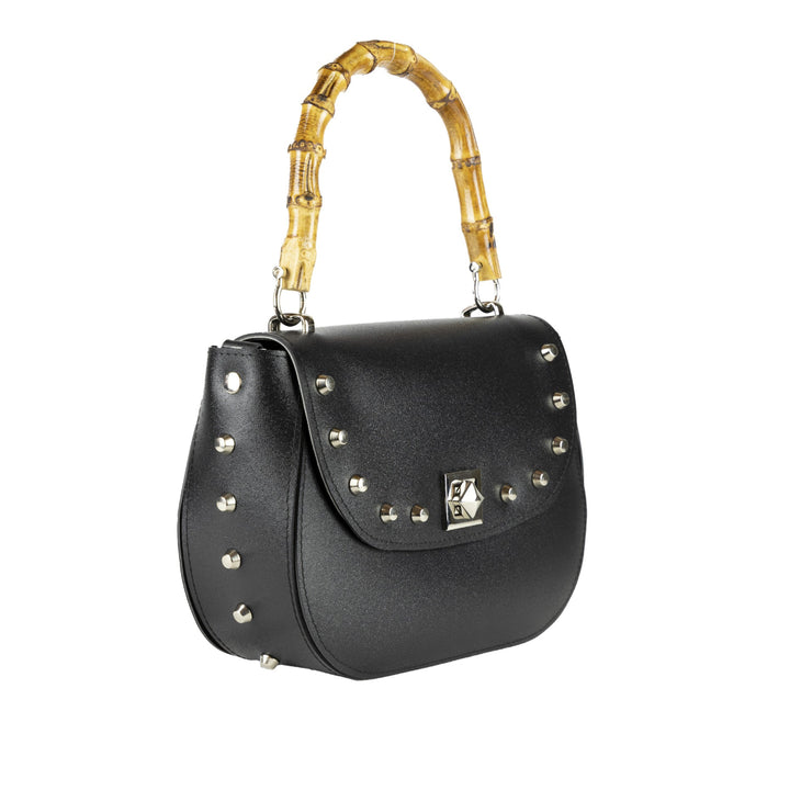 Box borsa a mano e tracolla in PVC satinato cruelty-free vegan nero rock con borchie, chiusura a girello e manico in bamboo