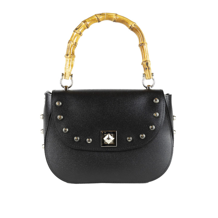 Box borsa a mano e tracolla in PVC satinato cruelty-free vegan nero rock con borchie, chiusura a girello e manico in bamboo